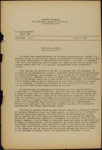 Les Cahiers de l'Alliance Israélite Universelle (Paix et Droit).  N°09 (01 juil. 1946)